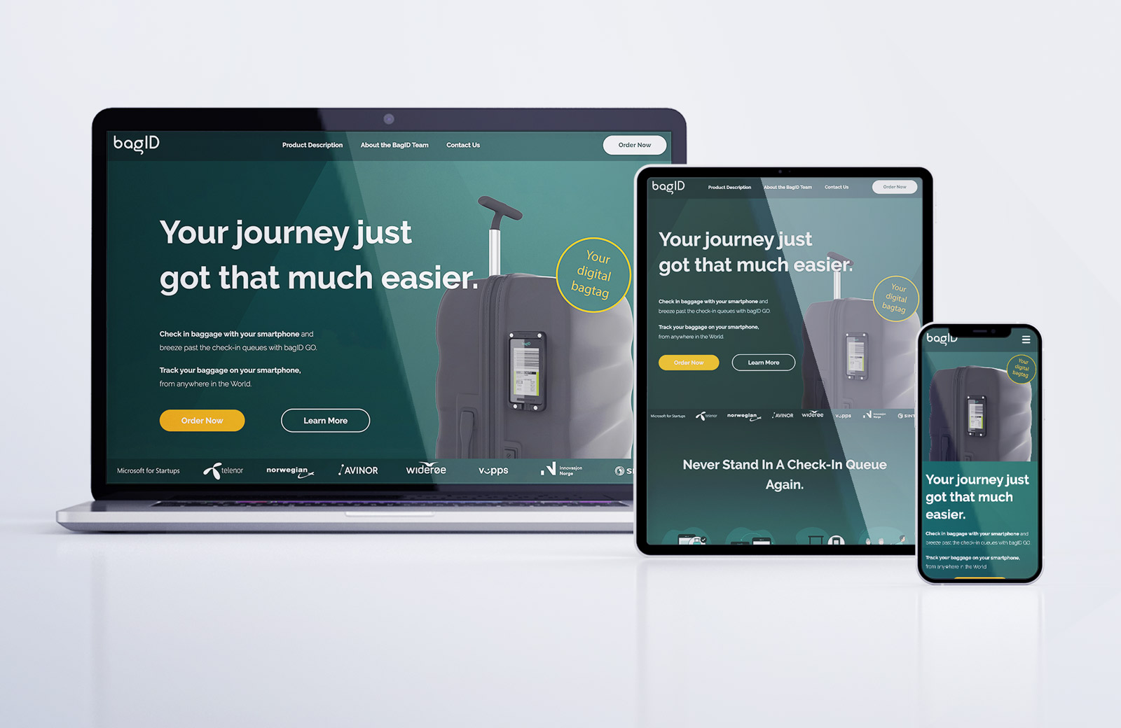 The new website I built for BagID shown on laptop, tablet, and phone.