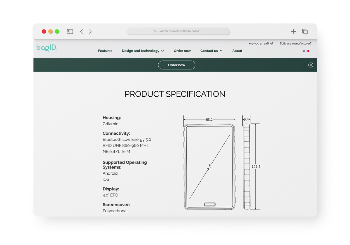 The product specifications on the old BagID website.