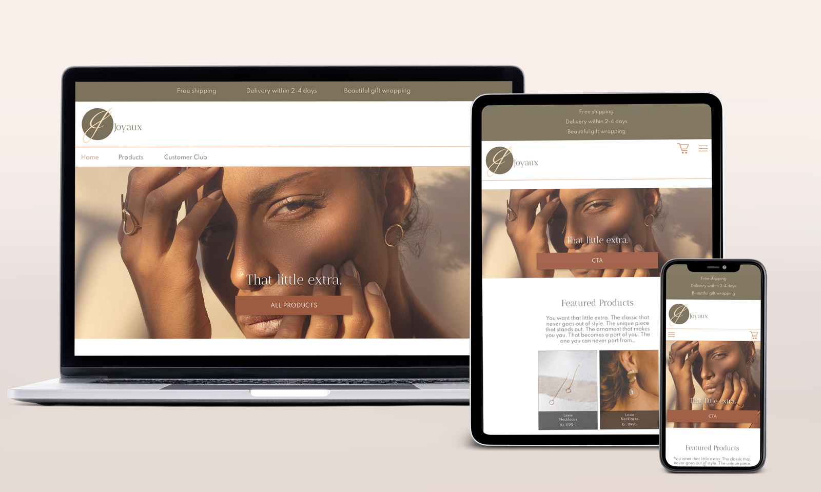 The Joyaux Jewelry website I built shown on laptop, tablet and mobile.