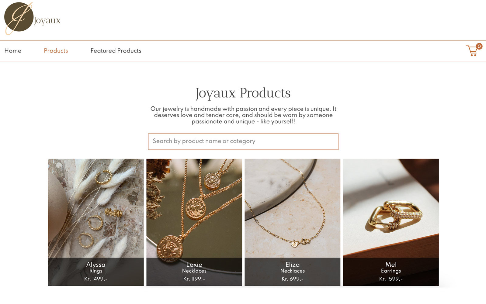 The product pages of the Joyaux Jewelry website.