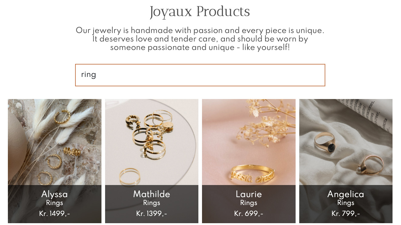 The search function on the Joyaux Jewelry website.