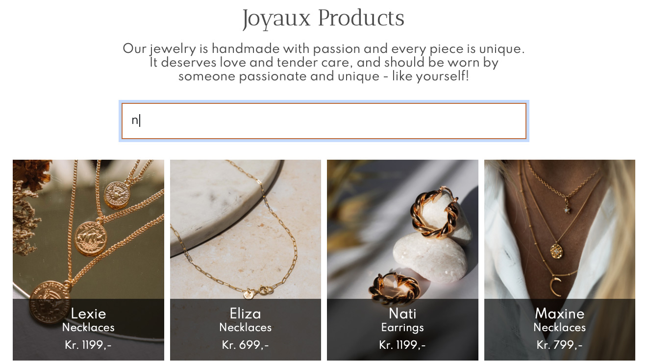 The search function on the Joyaux Jewelry website.