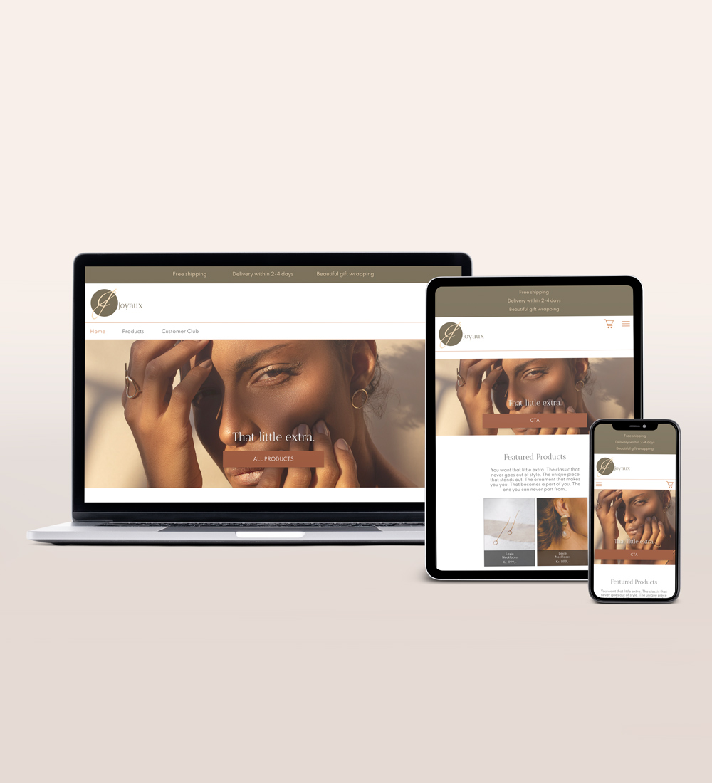 The website I built for Joyaux Jewelry shown on desktop, laptop, and mobile.