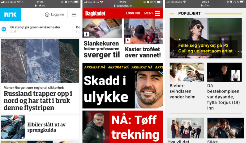 A screenshot from NRK, Dagbladet, and NRK P3.